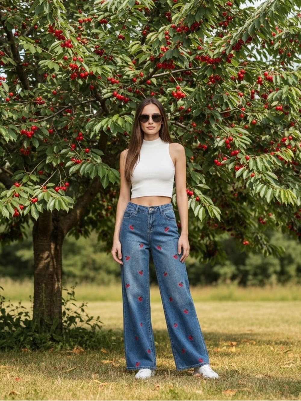 Ashley Mason Embroided Cherry Denim episode Baggy Wide Leg Flare Jeans Size 0/24